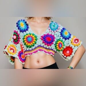 Colorful Crochet Crop Top Handmade Boho Knit
Cotton Blouse MEDIUM NEW